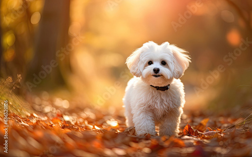 Fotografiet Cute white bichon frise dog in an autumn park