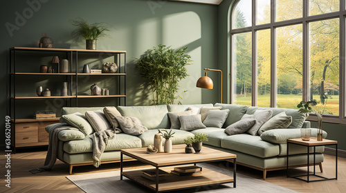 nordic style interior design, modern lounge, sage green and cream high resolution. Generative AI © Irina