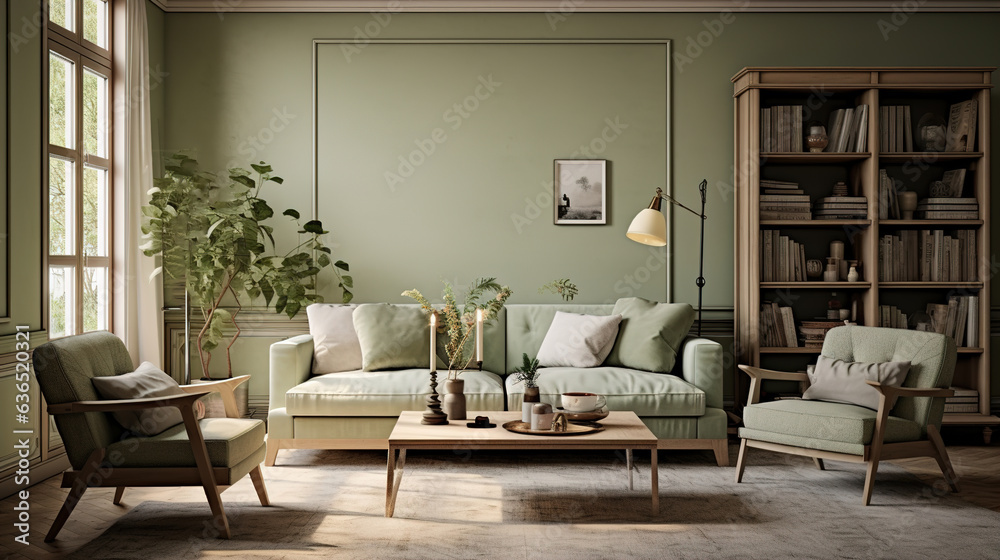 nordic style interior design, modern lounge, sage green and cream high resolution. Generative AI