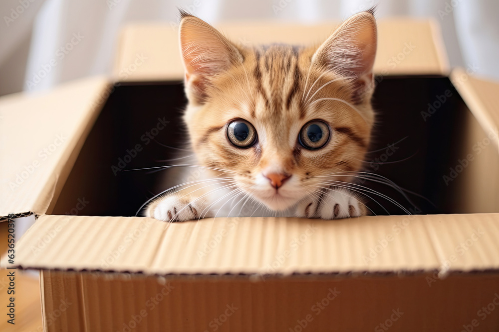 Young cat looking out of the cardboard box