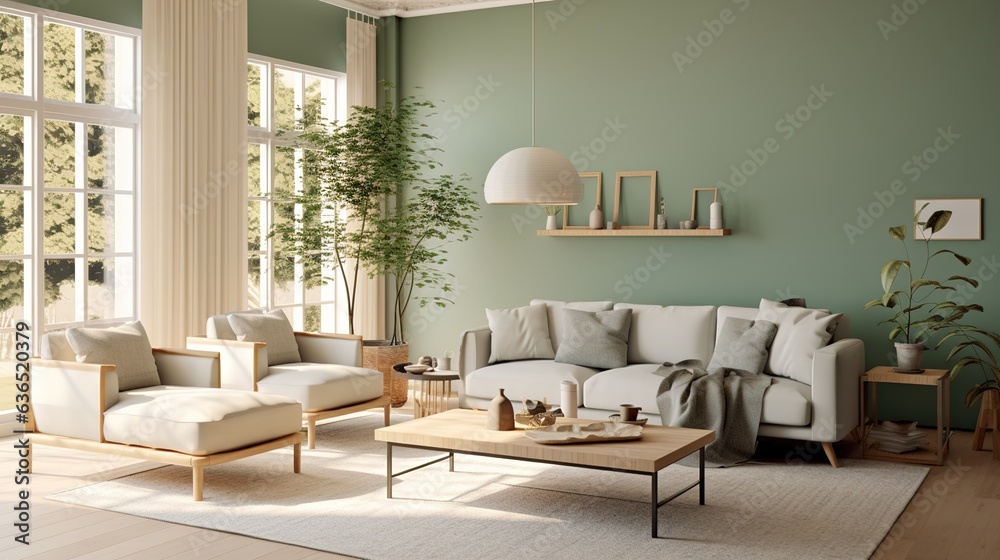 nordic style interior design, modern lounge, sage green and cream high resolution. Generative AI nordic style interior design, modern lounge, sage green and cream high resolution. Generative AI