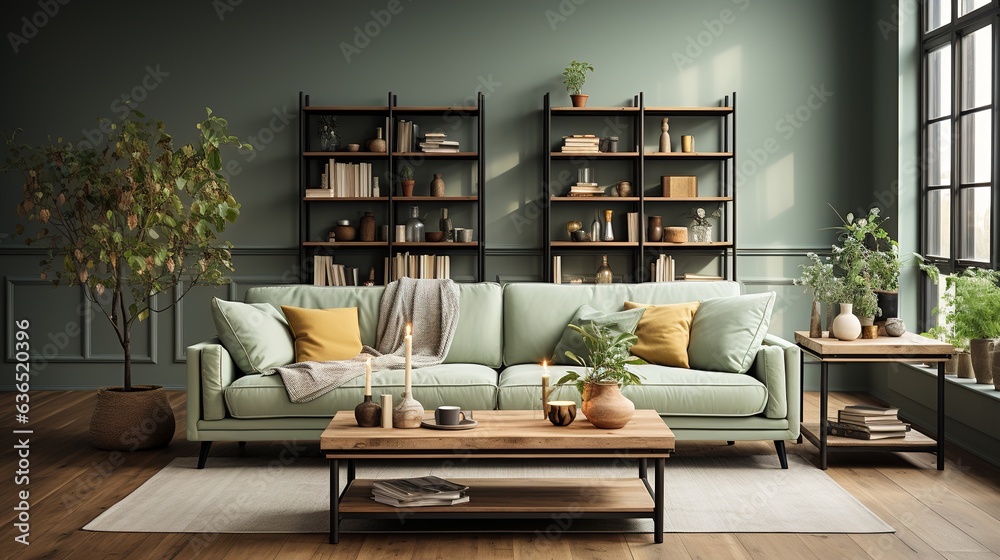 nordic style interior design, modern lounge, sage green and cream high resolution. Generative AI nordic style interior design, modern lounge, sage green and cream high resolution. Generative AI
