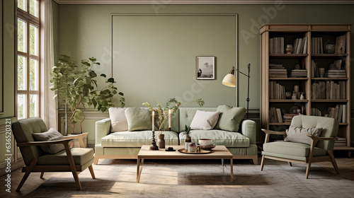 nordic style interior design, modern lounge, sage green and cream high resolution. Generative AI © Irina