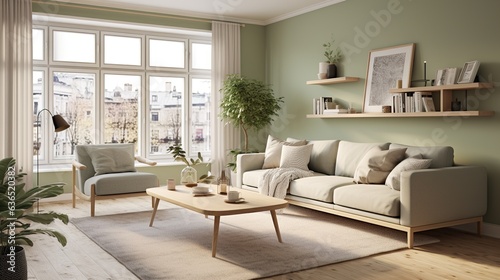 nordic style interior design  modern lounge  sage green and cream high resolution. Generative AI