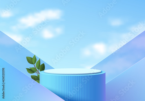 Abstract 3D blue white crystal glass cylinder podium background with triangle panel and blue sky scene. Minimal mockup product display presentation, Stage showcase. Platforms vector geometric design.