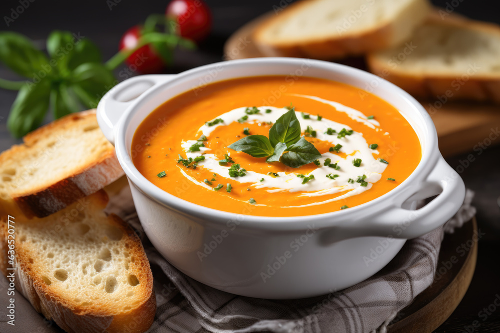 A white ceramic bowl of pumpkin soup with a dollop of cream and a basil leaf on top, garnished with finely chopped herbs, slices of bread