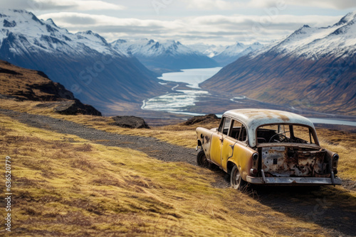 An old, rusted yellow car on a dirt road in a mountainous landscape. It is parked on a dirt road that winds through the mountains, which are covered in snow