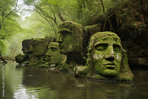 Large stone faces partially submerged in the water and covered in moss © Florian