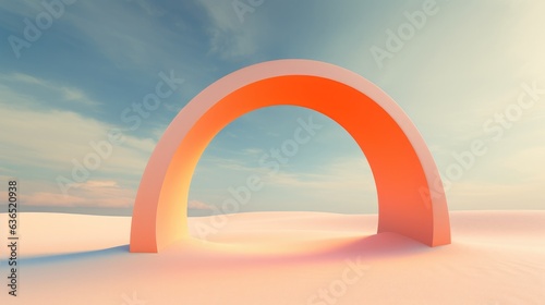 Amidst the sandy landscape, a striking orange arch rises, accentuated by the formation of clouds above. The interplay of the arch's vibrant hue and the ethereal clouds 