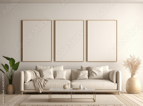 modern luxury living room interior 3d scene  a big blank poster frame  generative AI