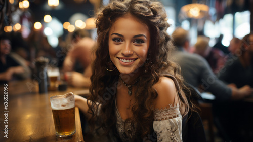Young woman drinking beer in the bar during Oktoberfest