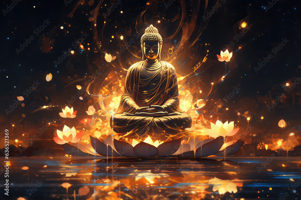 3d golden statue of Buddha meditating in Padmasana with glowing light line in hands against abstract background, generative AI.	
