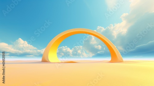 A vibrant yellow arch rises from the sand, with clouds forming gracefully overhead. The interplay of the arch's hue and the ethereal clouds creates a captivating visual composition.