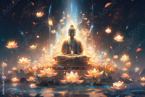 3d golden statue of Buddha meditating in Padmasana with glowing light line in hands against abstract background, generative AI. 