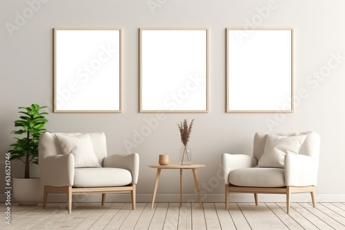 modern luxury living room interior 3d scene, a big blank poster frame, generative AI © Kien