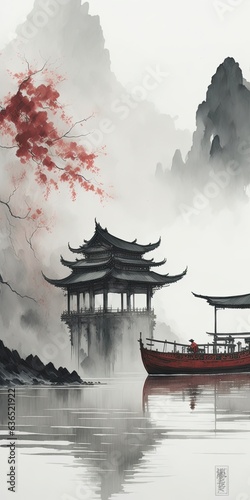 Landscape with traditional Chinese architecture in the mist. Digital painting. Generative AI.