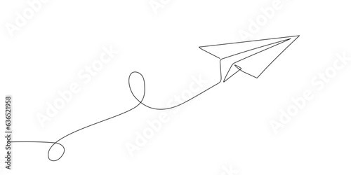 Paper plane flying up. Continuous one line drawing for business, travel or journey illustration. Single line art style. Airplane with destination line path. Doodle handdrawn drawing editable stroke