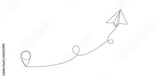 Paper plane path with flight route and starting point location in continuous single line style. One line plane route with start point and trace. Drawing for business, travel or journey Editable stroke