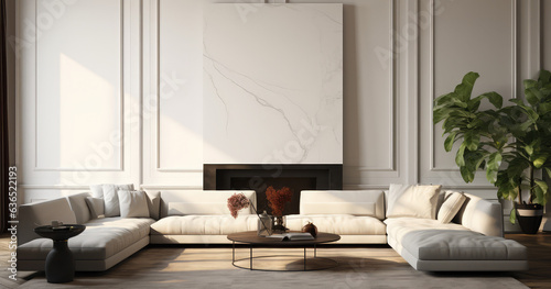 modern luxury living room interior 3d scene, a big blank poster frame, generative AI