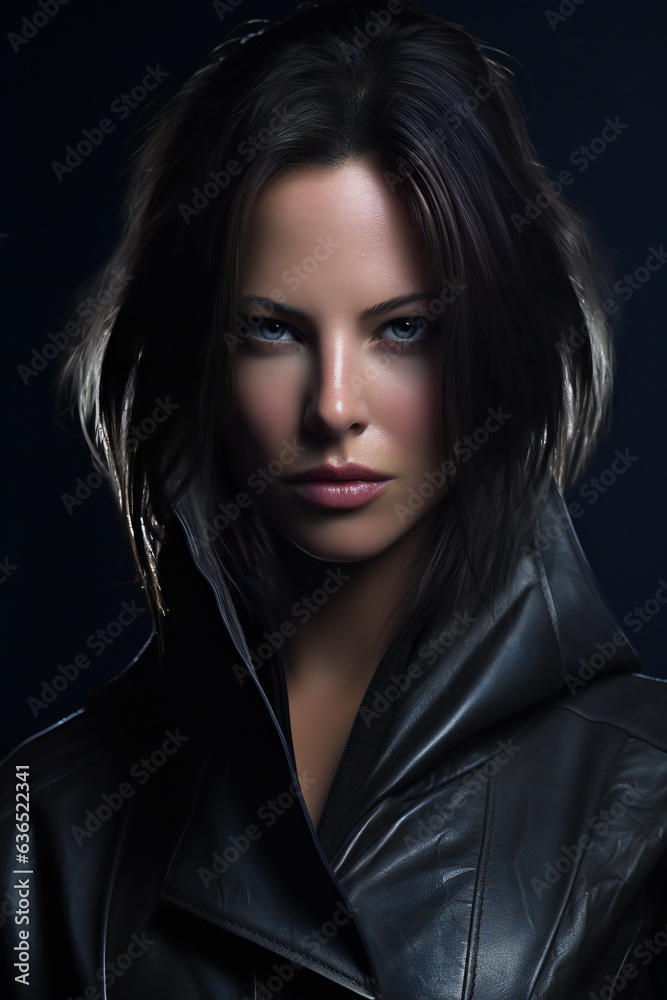 Portrait of a beautiful young woman in leather jacket on dark background