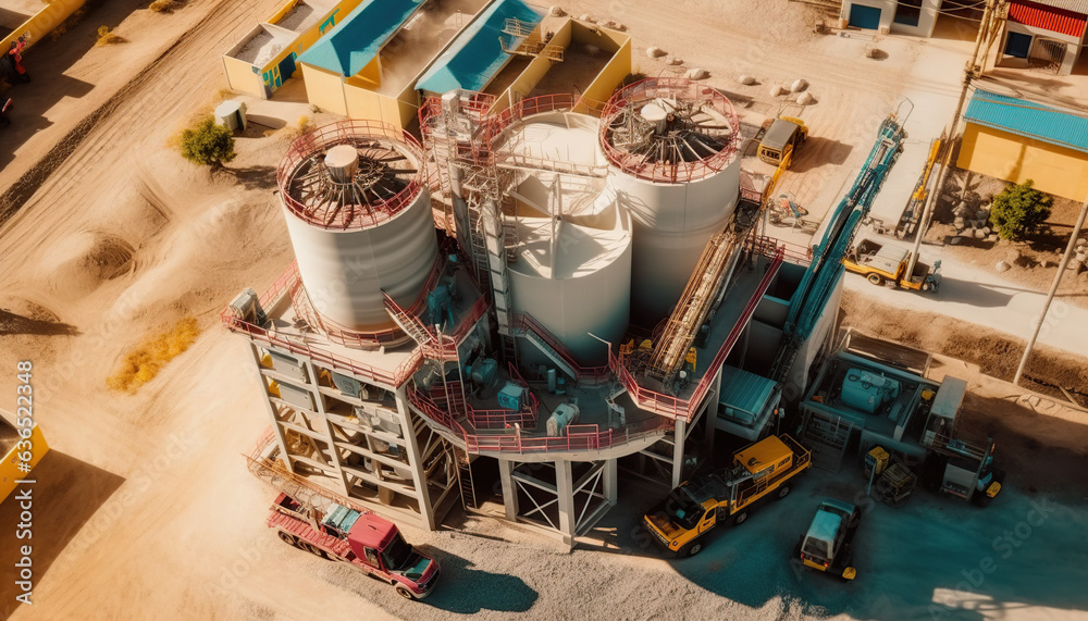 Aerial View Ready Mix Concrete Batching Plant, Mixer truck
