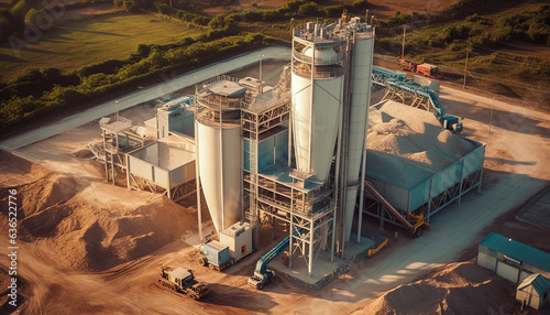 Aerial View Ready Mix Concrete Batching Plant, Mixer truck