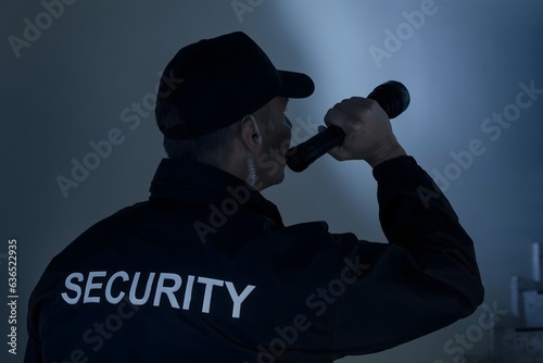 Security Guard Searching On Stairway With Flashlight