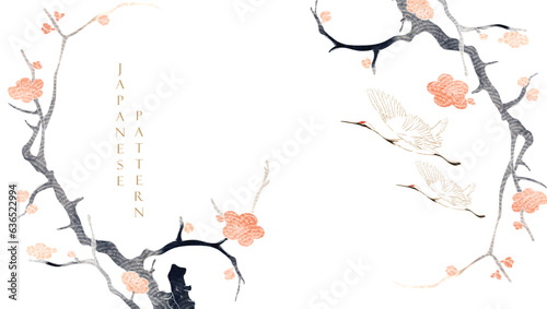 Crane birds and art natural landscape background with watercolor texture vector. Branch with leaves and flower decoration in vintage style. 