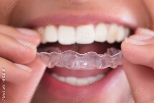 Woman's Hand Putting Transparent Aligner