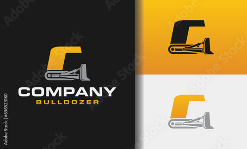 Letter C bulldozer heavy equipment logo vector. Loader logo vector for construction company. Vehicle equipment template vector illustration for your branding. photo