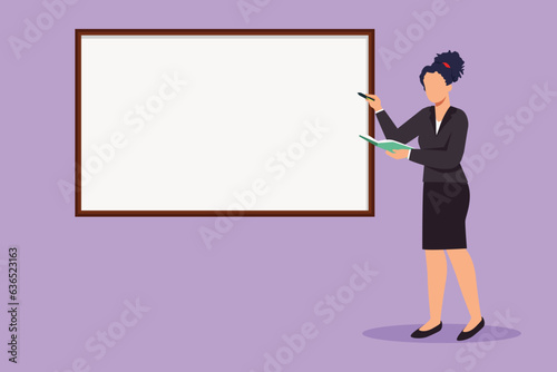 Character flat drawing of beautiful business woman teacher standing in front of the white board, holding book and writing business plan strategy and tactics theory. Cartoon design vector illustration