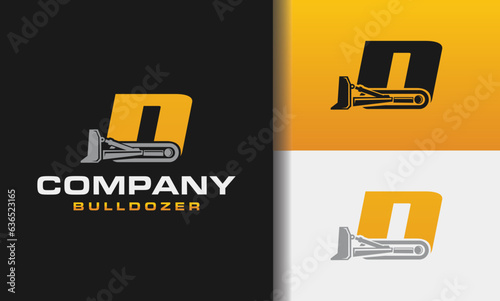 Letter D bulldozer heavy equipment logo vector. Loader logo vector for construction company. Vehicle equipment template vector illustration for your branding.