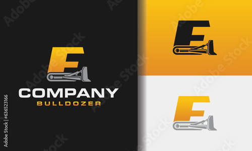 Letter E bulldozer heavy equipment logo vector. Loader logo vector for construction company. Vehicle equipment template vector illustration for your branding.