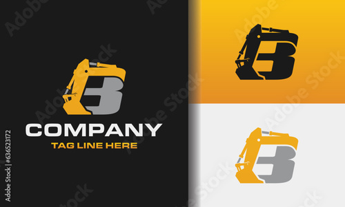 Letter B excavator logo template vector. Heavy equipment logo vector for construction company. Creative excavator illustration for logo template.