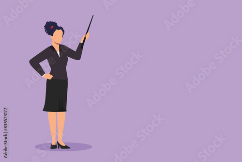 Character flat drawing confident beautiful female teacher, mentor, trainer, business woman, manager, employee, wearing blazer indicating pointing with stick in hand. Cartoon design vector illustration