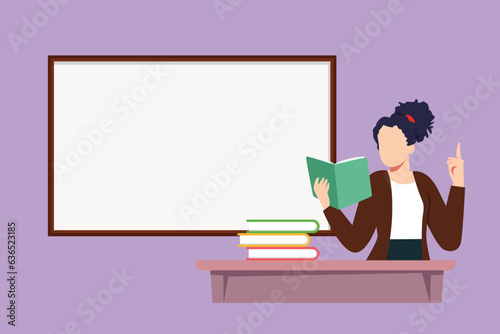 Graphic flat design drawing young woman teacher standing in front of class with book on her hand, pile of books on table. Female teacher teach in classroom at school. Cartoon style vector illustration