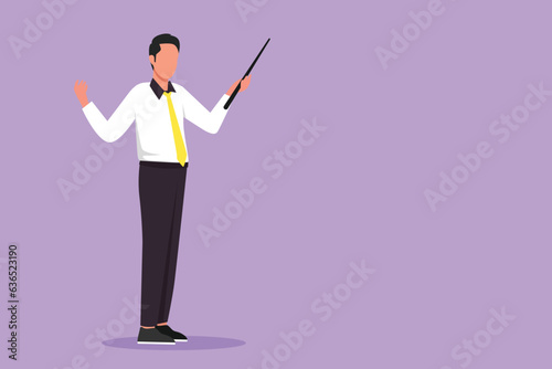 Graphic flat design drawing successful businessman teacher wearing tidy shirt, standing, pointing with wooden pointer stick. Educational concept, courses, trainings. Cartoon style vector illustration
