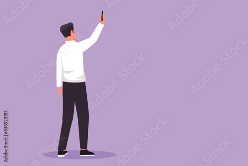 Graphic flat design drawing back view of man teacher or student writing formulas on classroom chalkboard holding chalk in right hand. University or school education. Cartoon style vector illustration