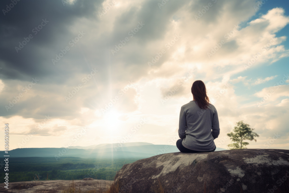 Woman meditating on a mountain top