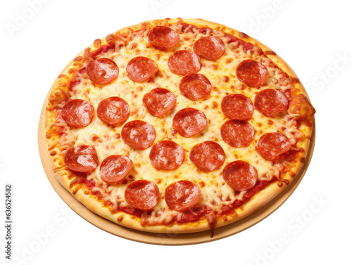 Whole pepperoni pizza on cutting board isolated on transparent background, top view