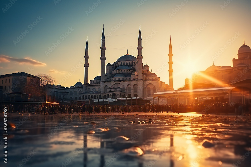 Fototapeta premium Big generic mosque with minarets with sun behind