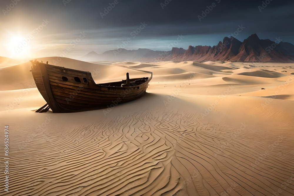boat on the beach at sunset generatged ai