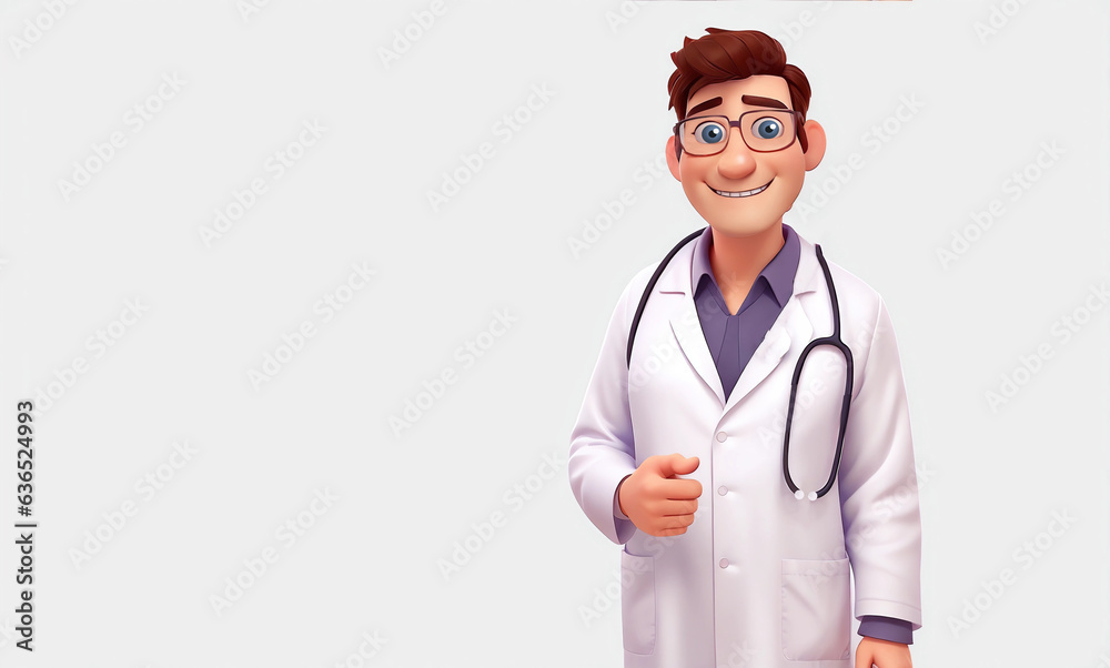 Smiling young male doctor with stethoscope Isolated on white background 3d cartoon character. Generative ai Smiling young male doctor with stethoscope Isolated on white background 3d cartoon character. Generative ai