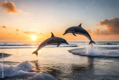 dolphin jumping in sea  at sunset generated ai