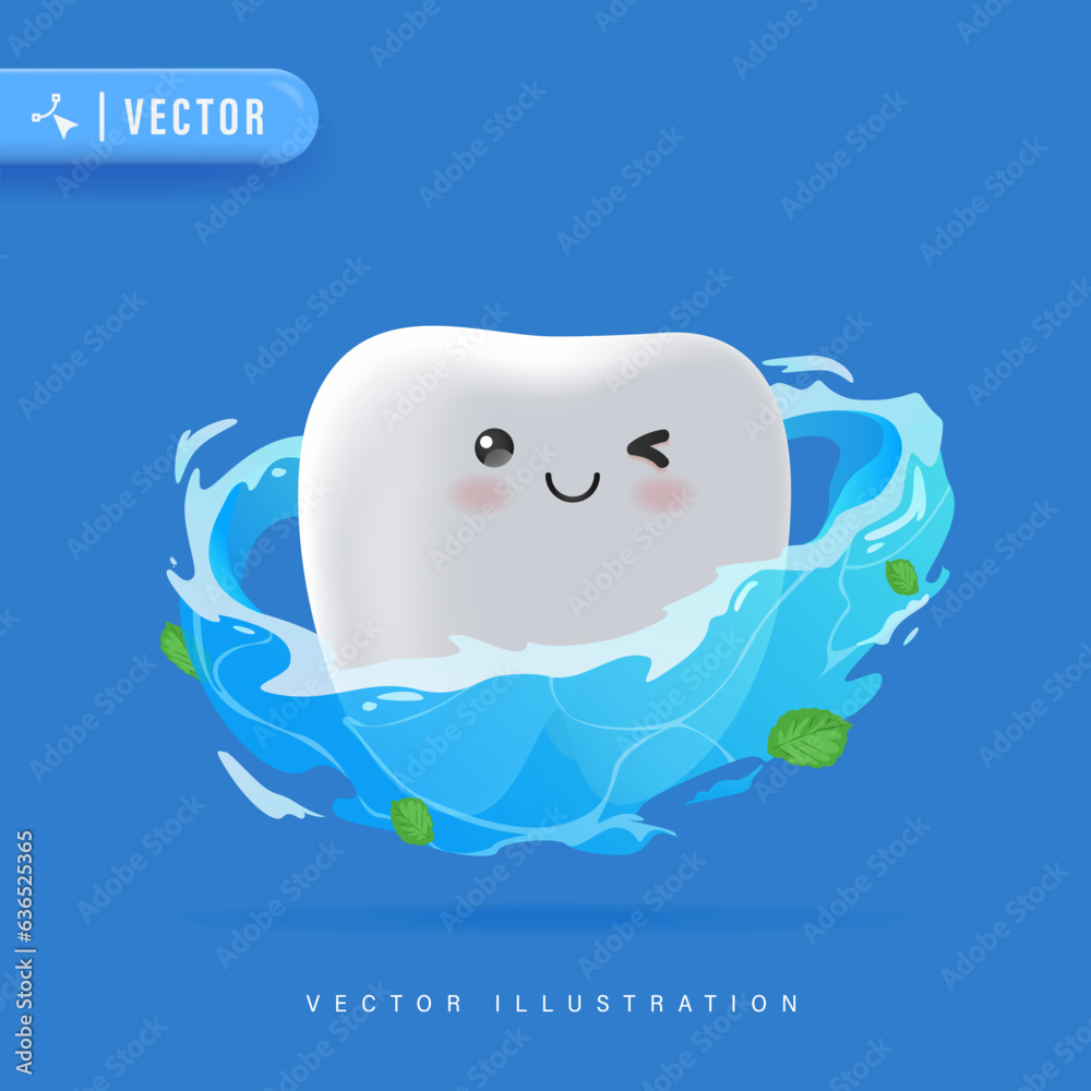 Happy and Healthy Tooth 3D Character Smiling with Milk Splash and Calcium Particles Vector Illustration. Suitable for Children Dental Clinic Poster Happy and Healthy Tooth 3D Character Smiling with Milk Splash and Calcium Particles Vector Illustration. Suitable for Children Dental Clinic Poster