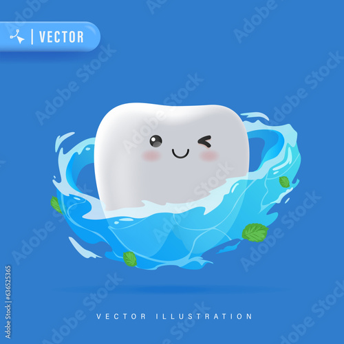 Happy and Healthy Tooth 3D Character Smiling with Milk Splash and Calcium Particles Vector Illustration. Suitable for Children Dental Clinic Poster