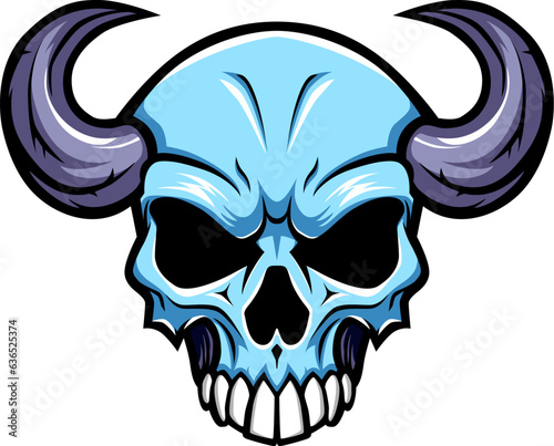 Skull sign or icon with horns. Mascot skull emblem with outline.