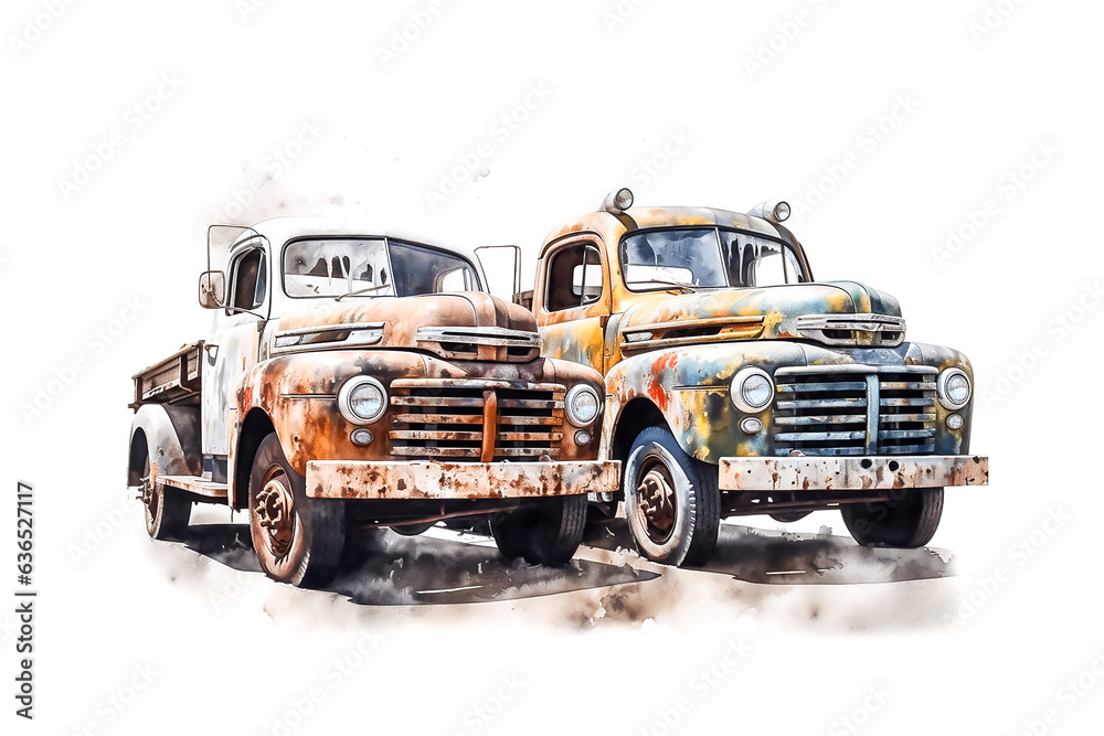 Two rusty Vintage trucks illustration, AI generated image.