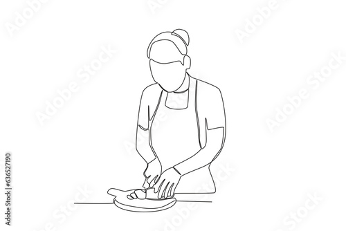 Single continuous line drawing of Woman Cutting Potatoes. Healthy food concept one line drawing design vector minimalism illustration.
