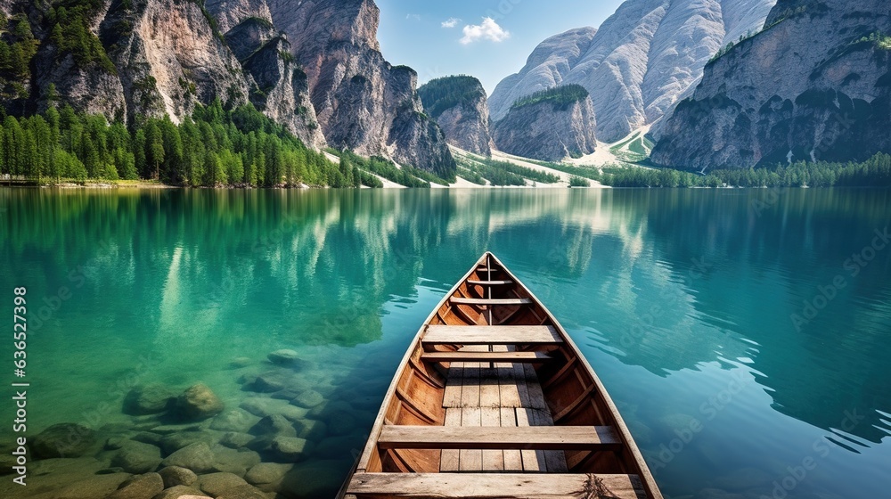 a boat is sitting on the water in a mountain lake.  generative ai